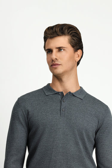 Orta Anrasit Melanj Polo Yaka Regular Fit Yünlü Triko Kazak