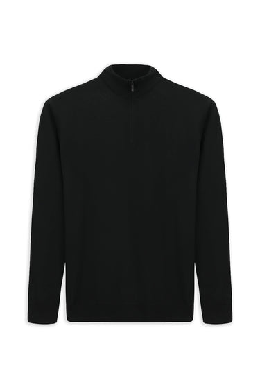 Siyah Regular Fit Yarım Balıkçı Yaka Fermuarlı Triko Kazak