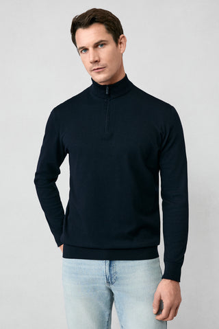 Koyu Lacivert Regular Fit Yarım Balıkçı Yaka Fermuarlı Triko Kazak