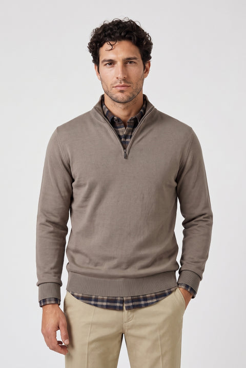 Medium Mink Regular Fit Half Turtleneck Zip-Up Knit Sweater