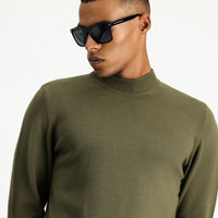 Medium Khaki Half Turtleneck Regular Fit Cotton Knit Sweater
