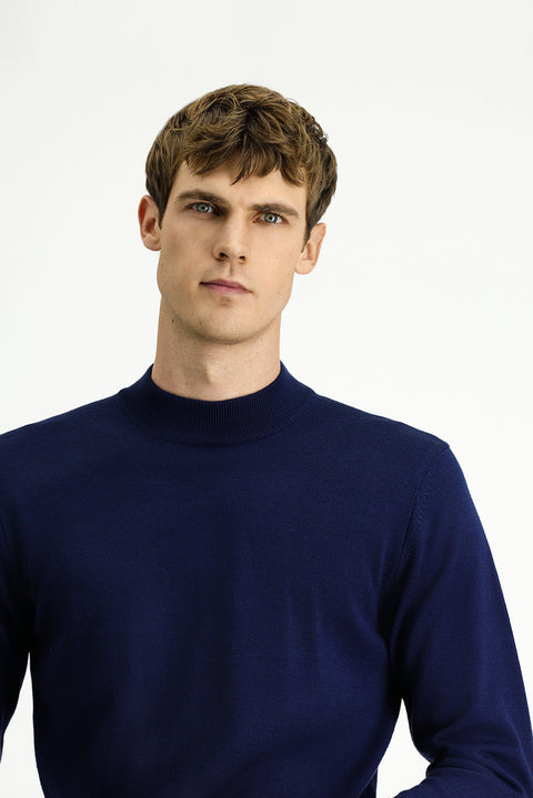 Dark Navy Semi-Turtleneck Regular Fit Wool Basic Knitted Sweater