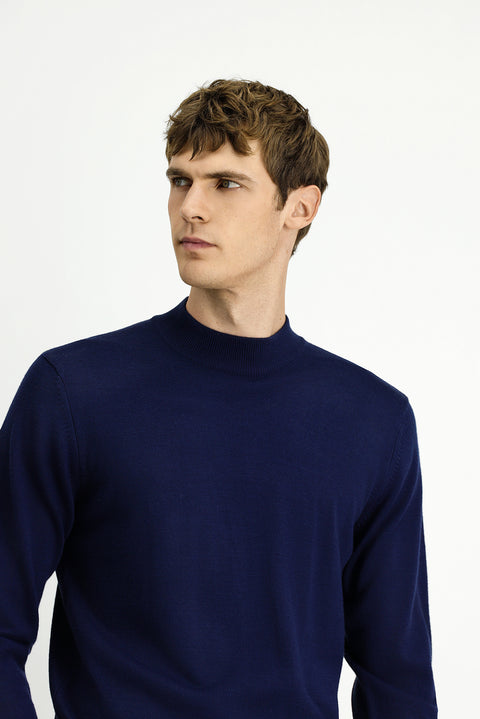 Dark Navy Semi-Turtleneck Regular Fit Wool Basic Knitted Sweater