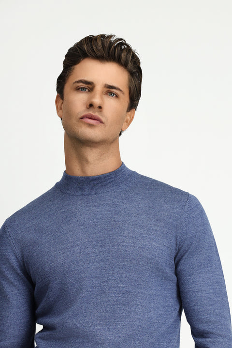 İndigo Melanj Yarım Balıkçı Yaka Regular Fit Yünlü Basic Örme Triko Kazak