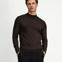Dark Brown Melange Half Turtleneck Regular Fit Wool Basic Knitted Sweater