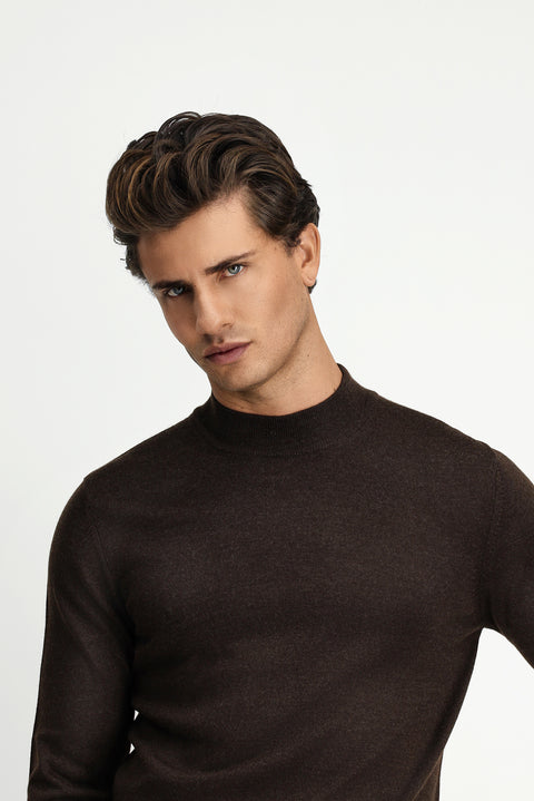 Dark Brown Melange Half Turtleneck Regular Fit Wool Basic Knitted Sweater