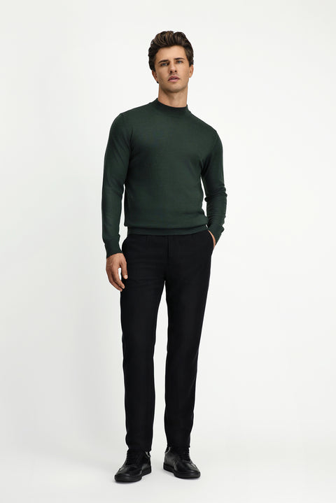 Military Khaki Half Turtleneck Regular Fit Wool Basic Knitted Sweater