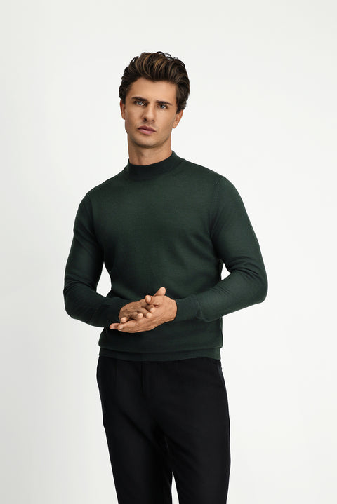 Military Khaki Half Turtleneck Regular Fit Wool Basic Knitted Sweater