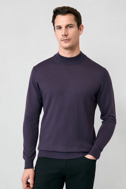 Dark Purple Semi-Turtleneck Regular Fit Wool Basic Knitted Sweater