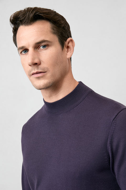 Dark Purple Semi-Turtleneck Regular Fit Wool Basic Knitted Sweater