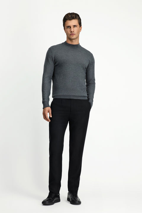 Medium Anthracite Melange Half Turtleneck Regular Fit Wool Basic Knitted Sweater