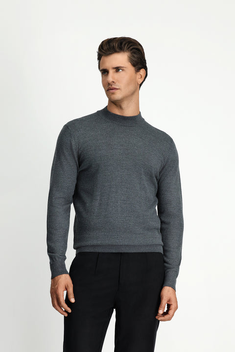 Medium Anthracite Melange Half Turtleneck Regular Fit Wool Basic Knitted Sweater