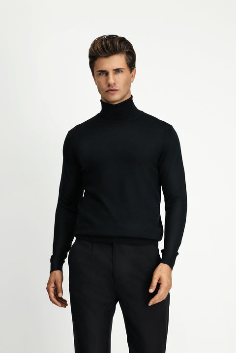 Black Turtleneck Regular Fit Warm Wool Knit Sweater