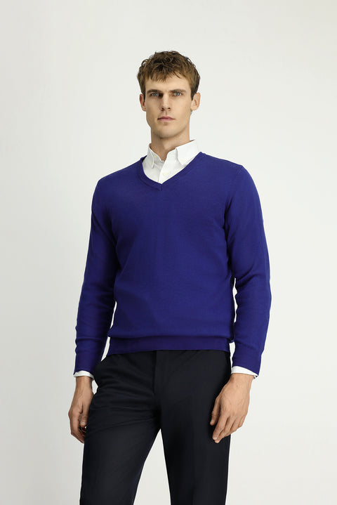Indigo V-Neck Regular Fit Cotton Cashmere Knit Sweater