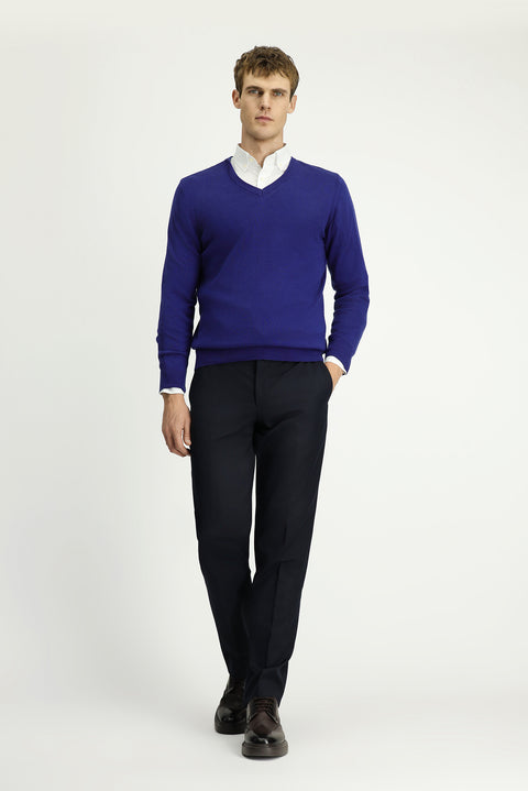 Indigo V-Neck Regular Fit Cotton Cashmere Knit Sweater