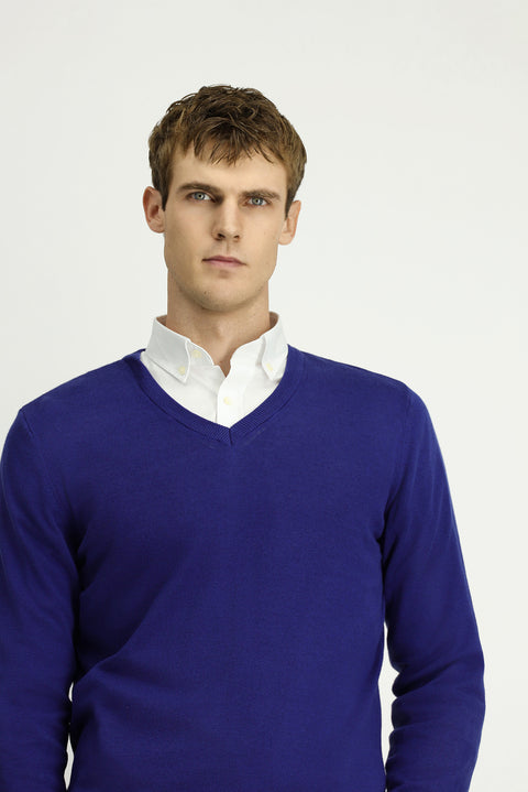 Indigo V-Neck Regular Fit Cotton Cashmere Knit Sweater