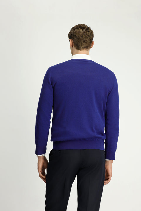 Indigo V-Neck Regular Fit Cotton Cashmere Knit Sweater