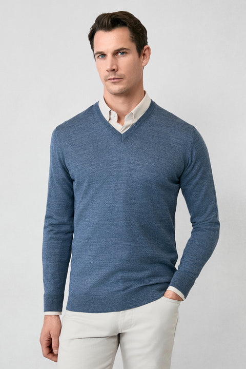 Indigo Melange V-Neck Regular Fit Warm Wool Knit Sweater