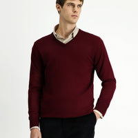 Koyu Bordo V Yaka Regular Fit Yünlü Triko Kazak