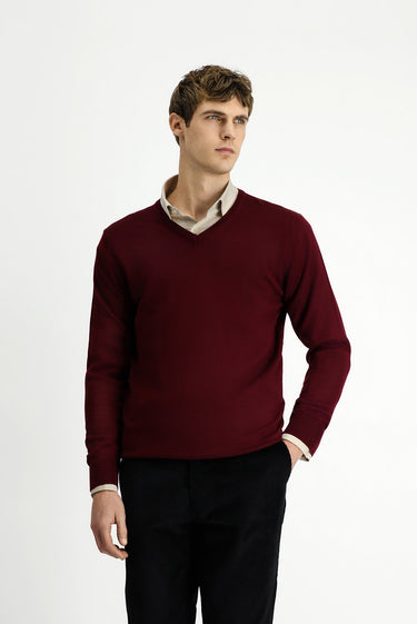 Koyu Bordo V Yaka Regular Fit Yünlü Triko Kazak