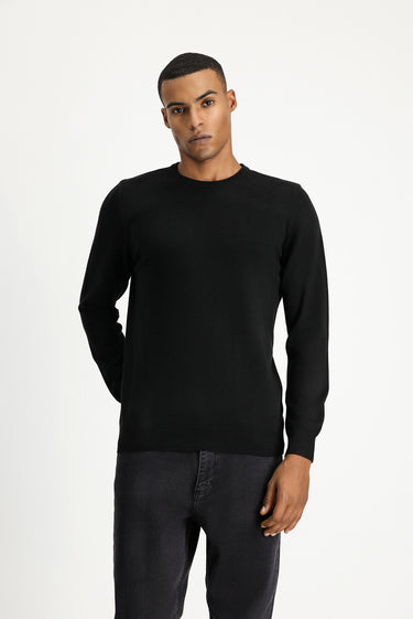 Siyah Bisiklet Yaka Regular Fit Pamuklu Triko Kazak