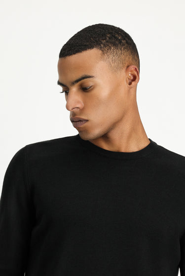 Siyah Bisiklet Yaka Regular Fit Pamuklu Triko Kazak