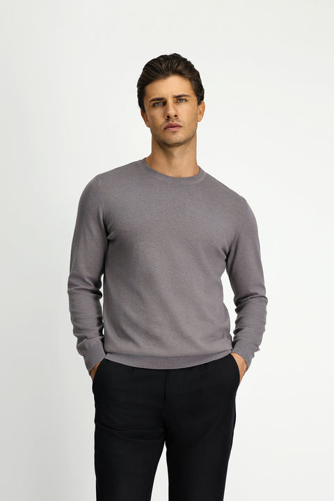 Medium Grey Melange Crew Neck Regular Fit Cotton Cashmere Knit Sweater
