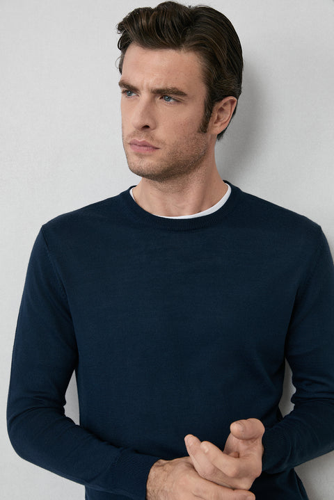Dark Navy Crew Neck Regular Fit Wool Knitted Sweater
