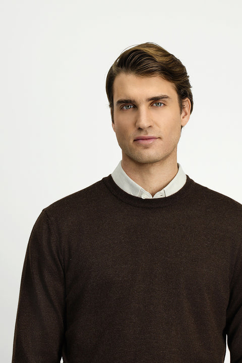 Dark Brown Melange Crew Neck Regular Fit Wool Knitted Sweater