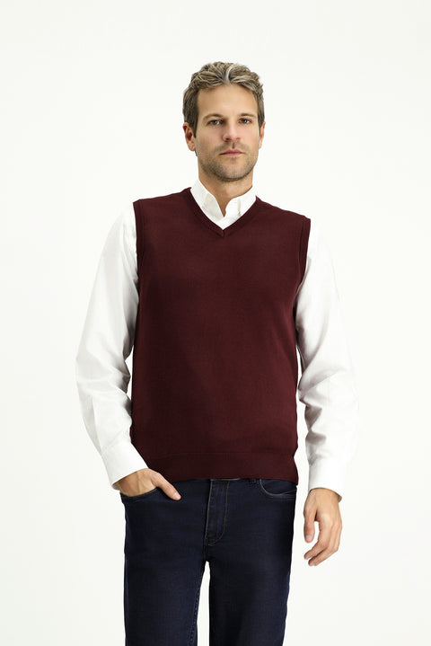 Dark Burgundy V-Neck Cotton Knit Sweater