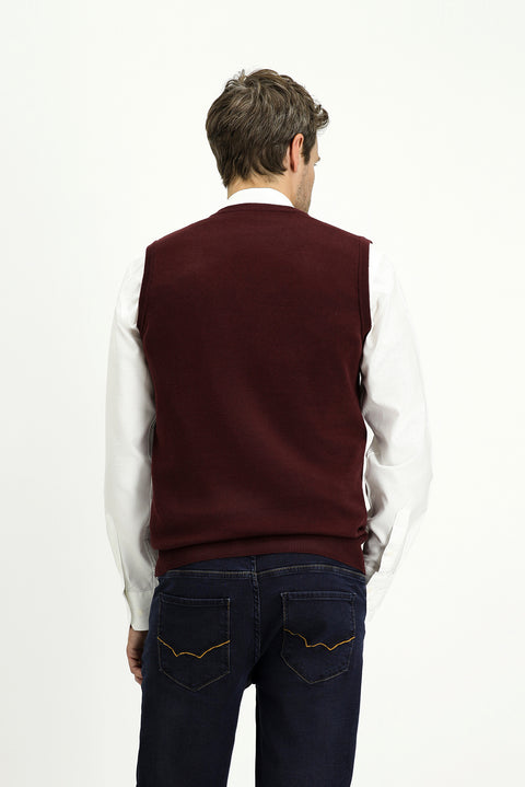 Dark Burgundy V-Neck Cotton Knit Sweater