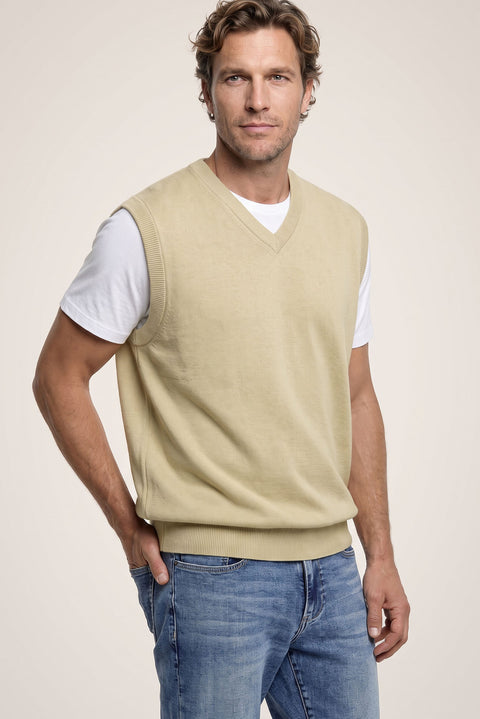 Medium Beige V-Neck Cotton Cashmere Knit Sweater