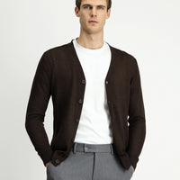 Dark Brown Melange V-Neck Buttoned Wool Knitted Cardigan