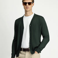 Military Khaki V-Neck Buttoned Wool Knitted Cardigan