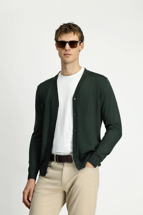 Military Khaki V-Neck Buttoned Wool Knitted Cardigan