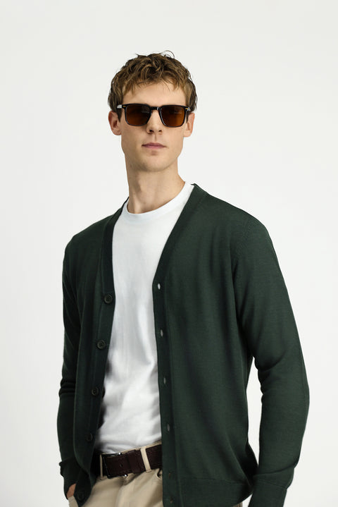Military Khaki V-Neck Buttoned Wool Knitted Cardigan
