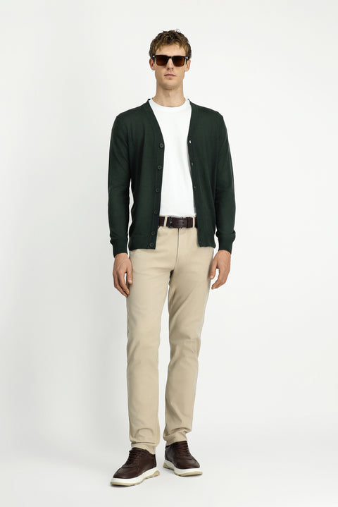 Military Khaki V-Neck Buttoned Wool Knitted Cardigan