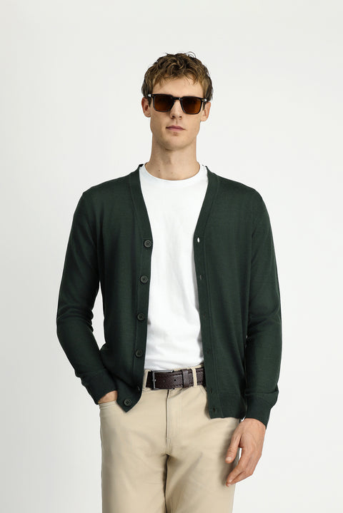 Military Khaki V-Neck Buttoned Wool Knitted Cardigan
