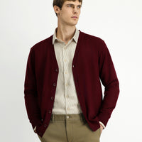 Dark Burgundy V-Neck Buttoned Wool Knitted Cardigan