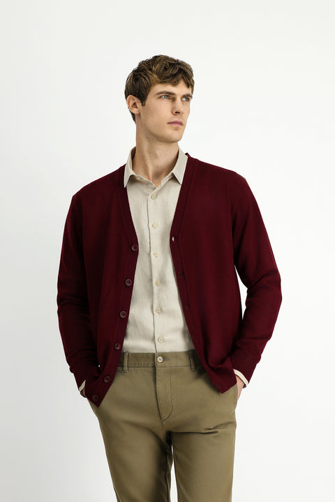 Dark Burgundy V-Neck Buttoned Wool Knitted Cardigan