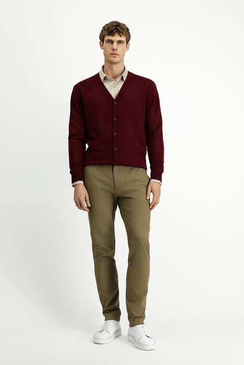 Dark Burgundy V-Neck Buttoned Wool Knitted Cardigan
