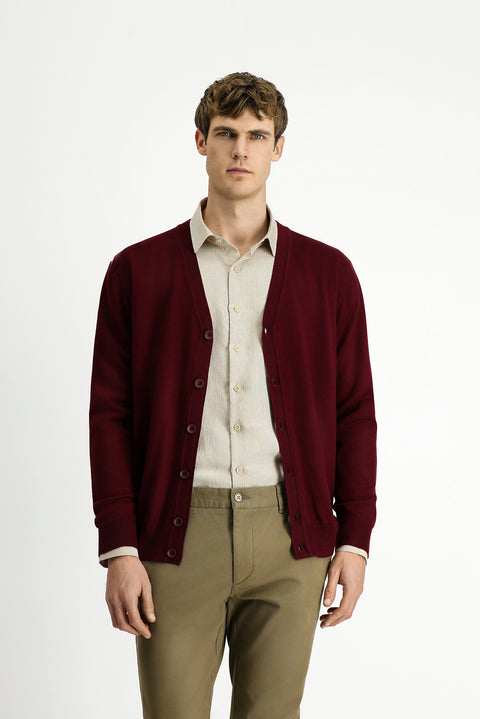 Dark Burgundy V-Neck Buttoned Wool Knitted Cardigan