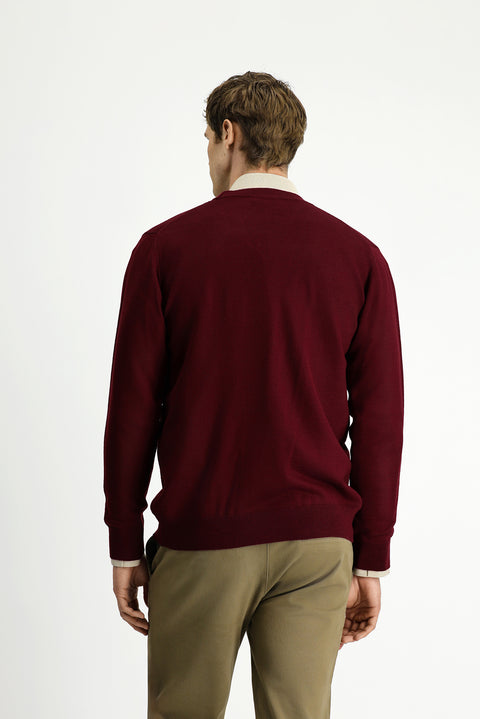 Dark Burgundy V-Neck Buttoned Wool Knitted Cardigan