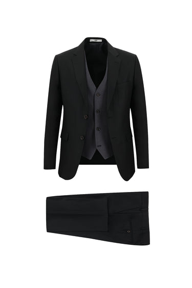 Siyah Slim Fit Dar Kesim Kombinli Yelekli Takım Elbise