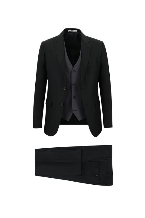 Siyah 7 Drop Slim Fit Dar Kesim Kombinli Yelekli Takım Elbise
