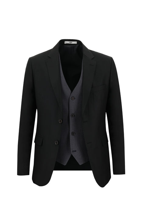 Siyah 7 Drop Slim Fit Dar Kesim Kombinli Yelekli Takım Elbise