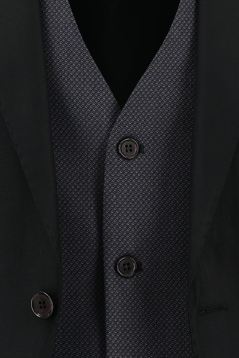 Siyah 7 Drop Slim Fit Dar Kesim Kombinli Yelekli Takım Elbise