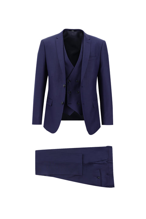 Orta Lacivert 7 Drop Super Slim Fit Eksra Dar Kesim Fit Yelekli Takım Elbise
