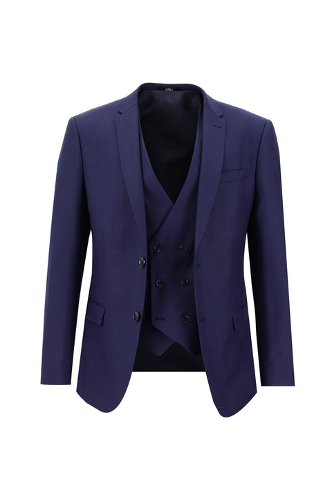 Orta Lacivert 7 Drop Super Slim Fit Eksra Dar Kesim Fit Yelekli Takım Elbise
