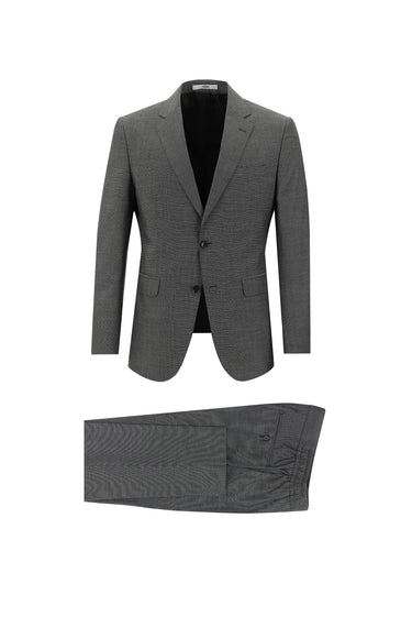 Orta Antrasit Slim Fit Dar Kesim Beli Lastikli İpli Desenli Takım Elbise